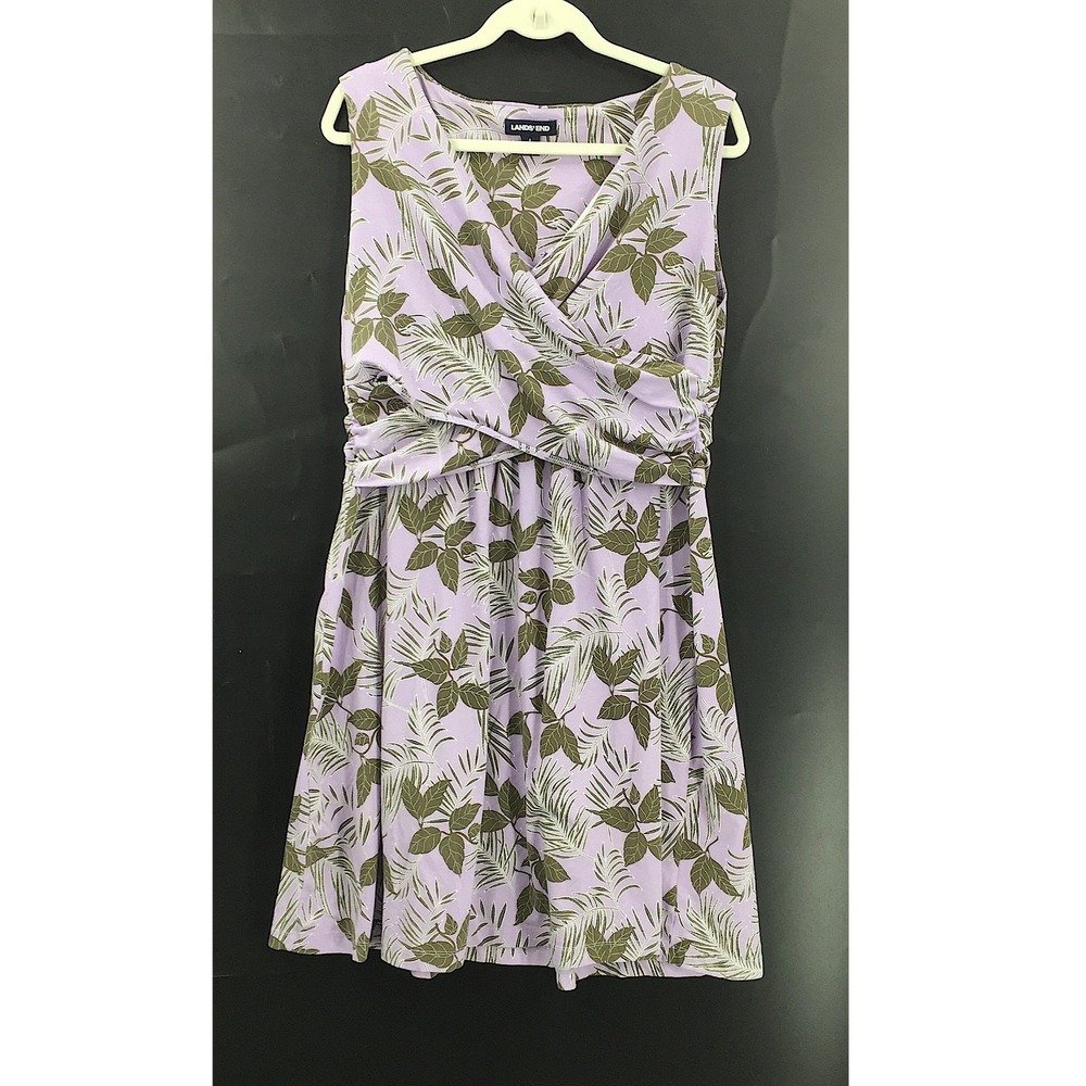 Lands End fit & flare sleeveless Purple Tropic Print Cross Front Dress L 14 16